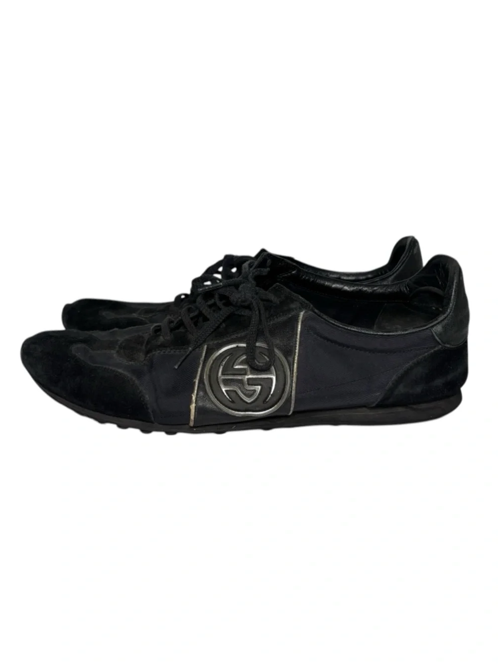 Gucci GG Logo Low Top Sneakers Black Leather Suede Mens‎ 12 G Italy Vintage Y2K